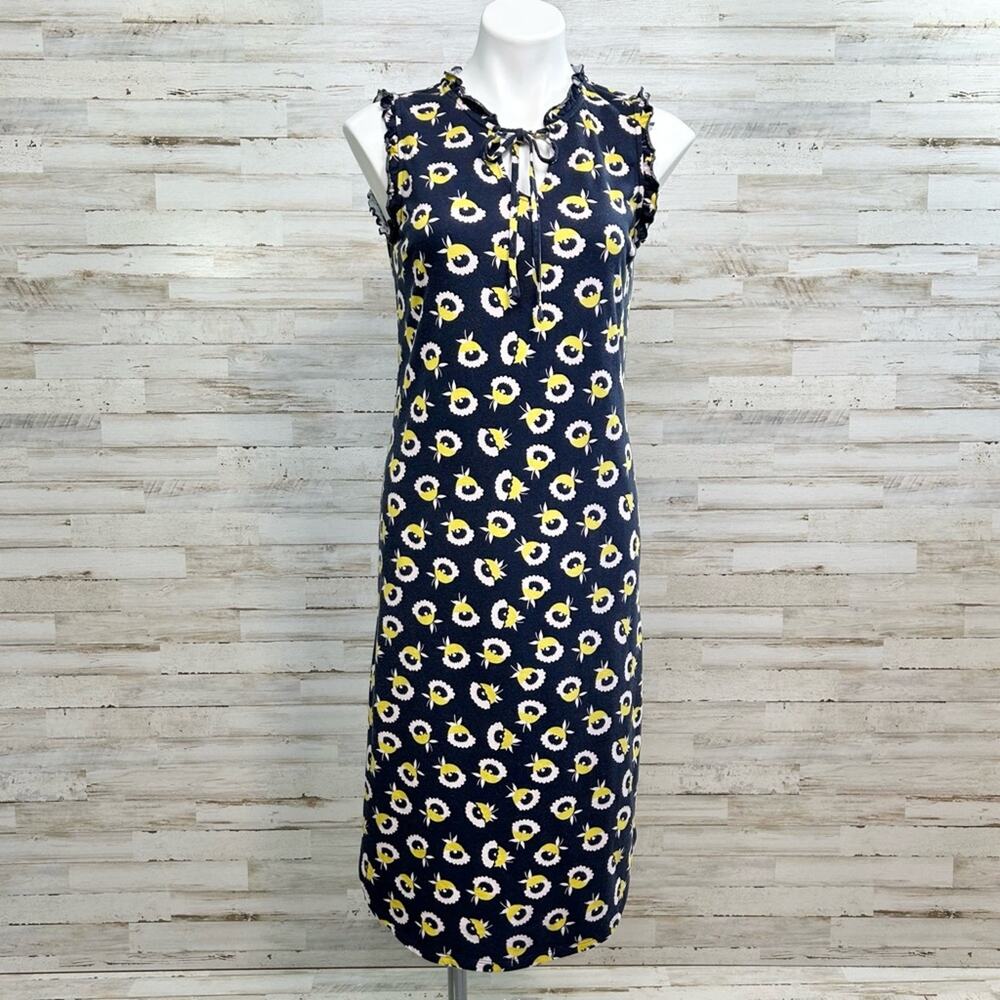 Boden Lois Knit Sleeveless Floral Dress Womens Size 6 Navy Yellow Ruffle Tie